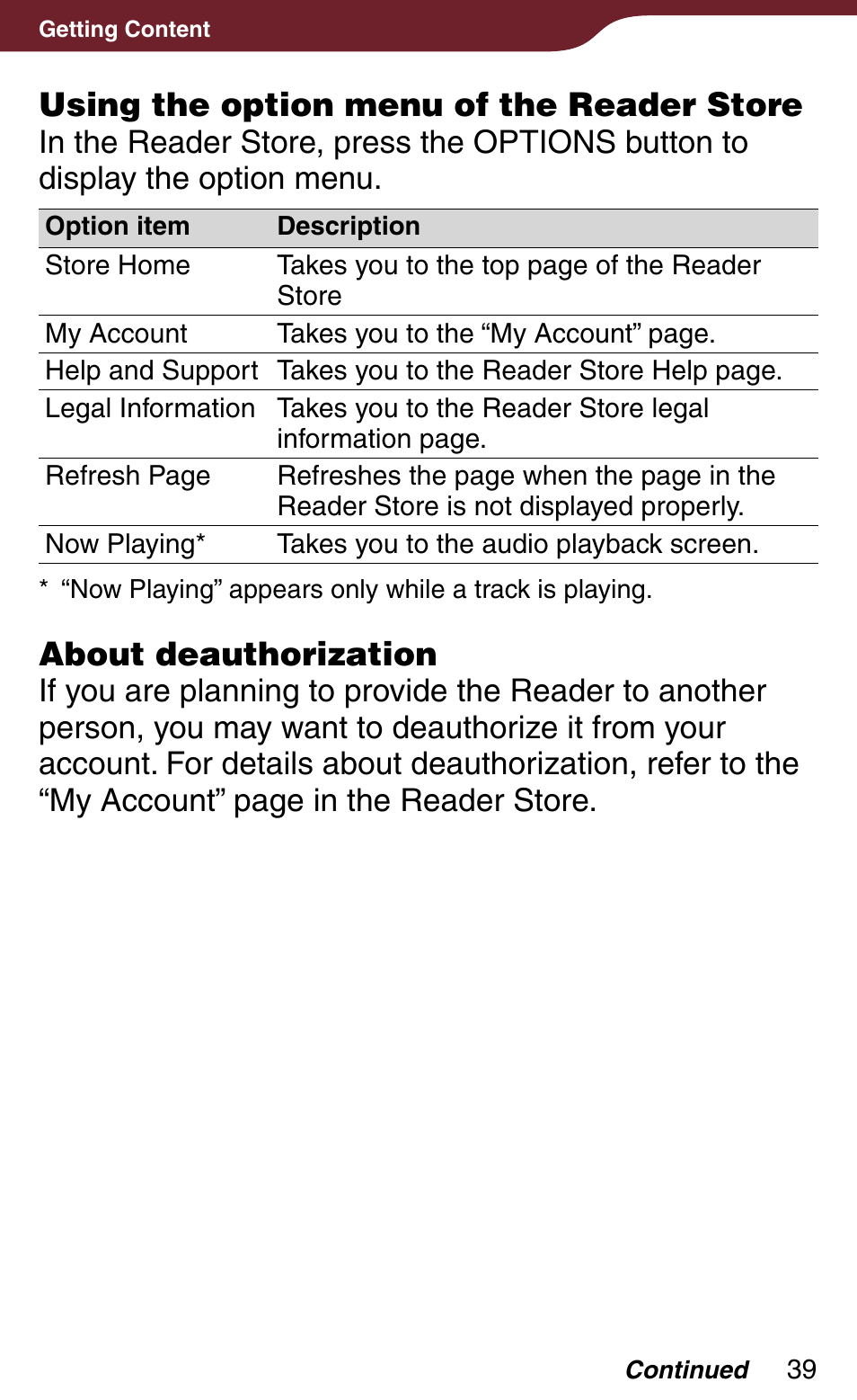 U of the reader store, Using the option menu of the reader store, About deauthorization | Sony Reader Daily Edition PRS-900BC User Manual | Page 39 / 202