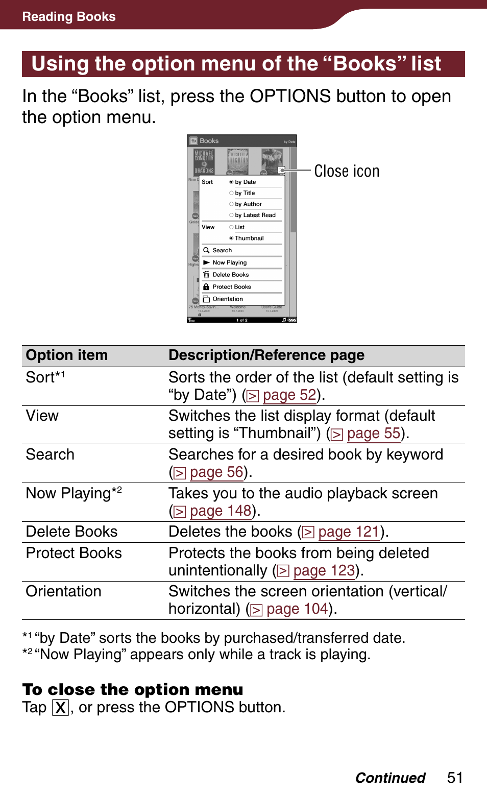 Using the option menu of the “books” list, And tap | Sony Reader Daily Edition PRS-900BC User Manual | Page 51 / 202