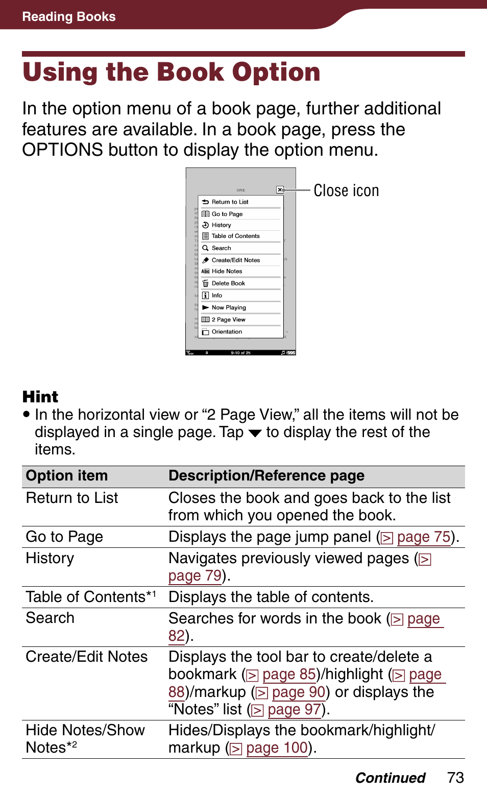 Using the book option | Sony Reader Daily Edition PRS-900BC User Manual | Page 73 / 202