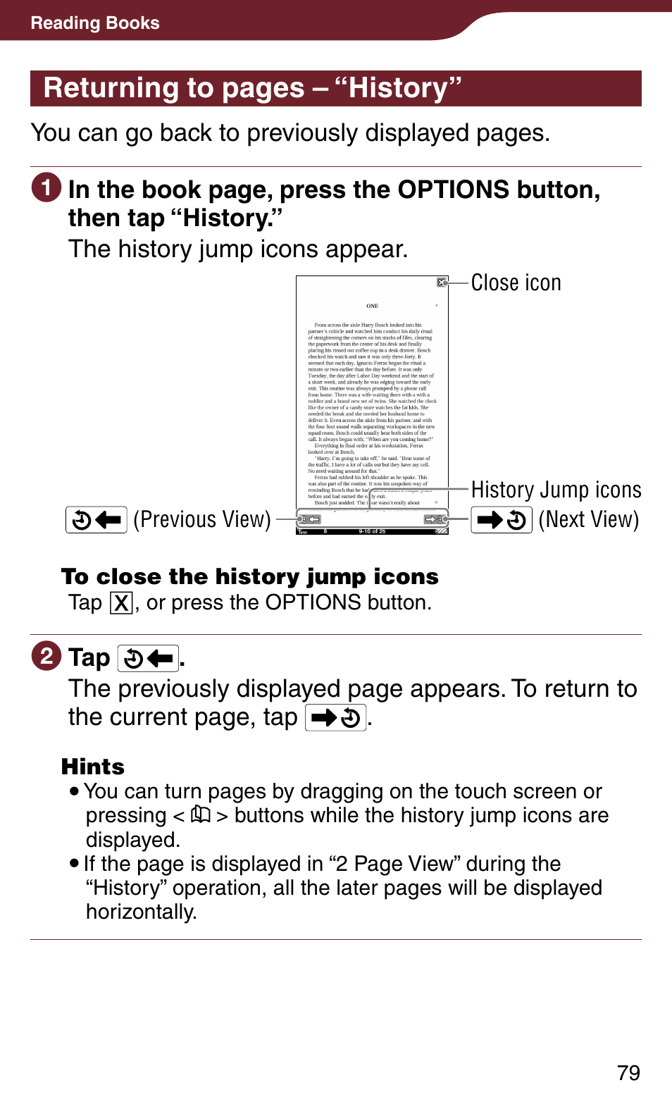 Returning to pages – “history | Sony Reader Daily Edition PRS-900BC User Manual | Page 79 / 202