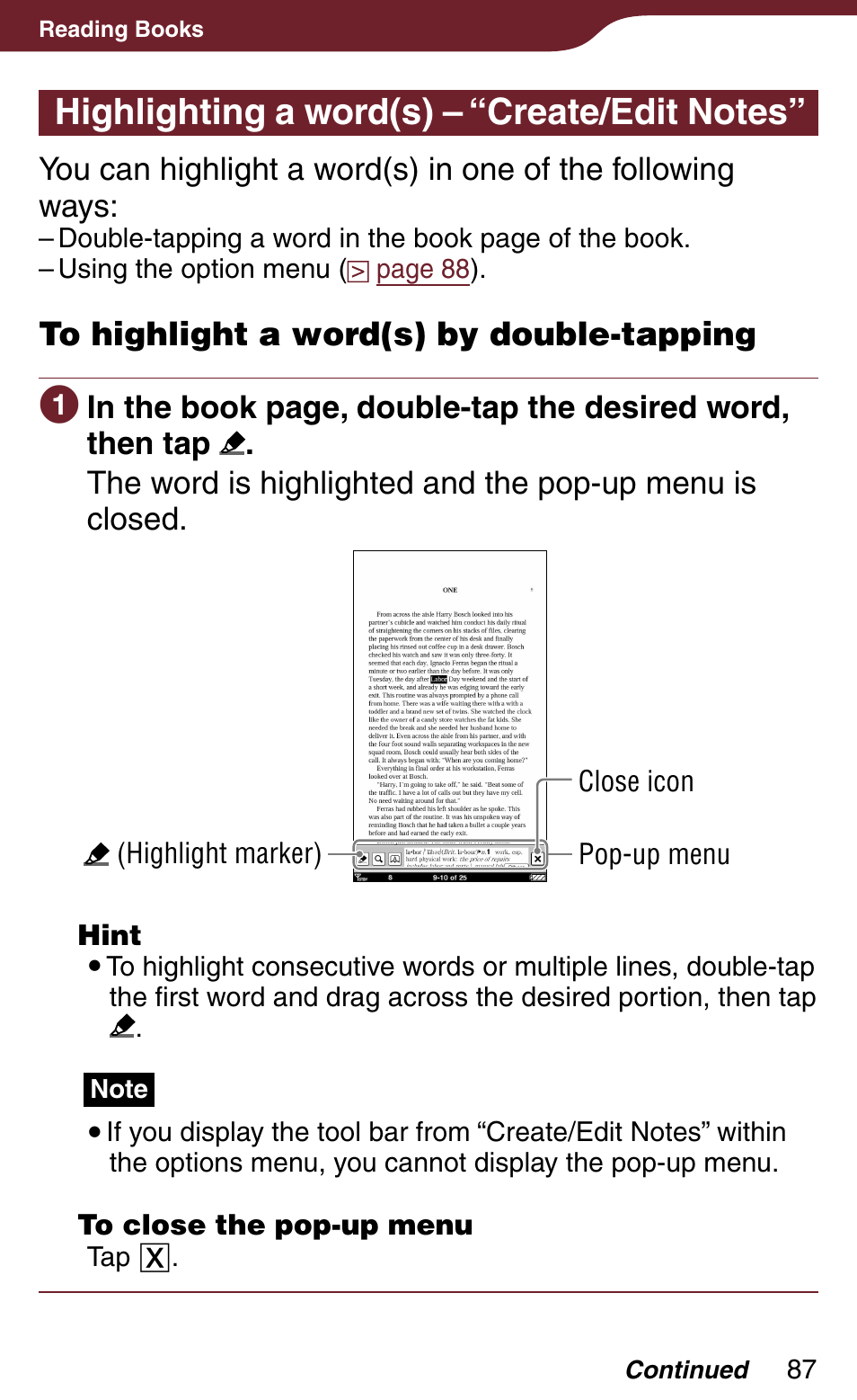 Highlighting a word(s) – “create/edit notes, Search, Ord to highlight | Ou can highlight, Or search f | Sony Reader Daily Edition PRS-900BC User Manual | Page 87 / 202