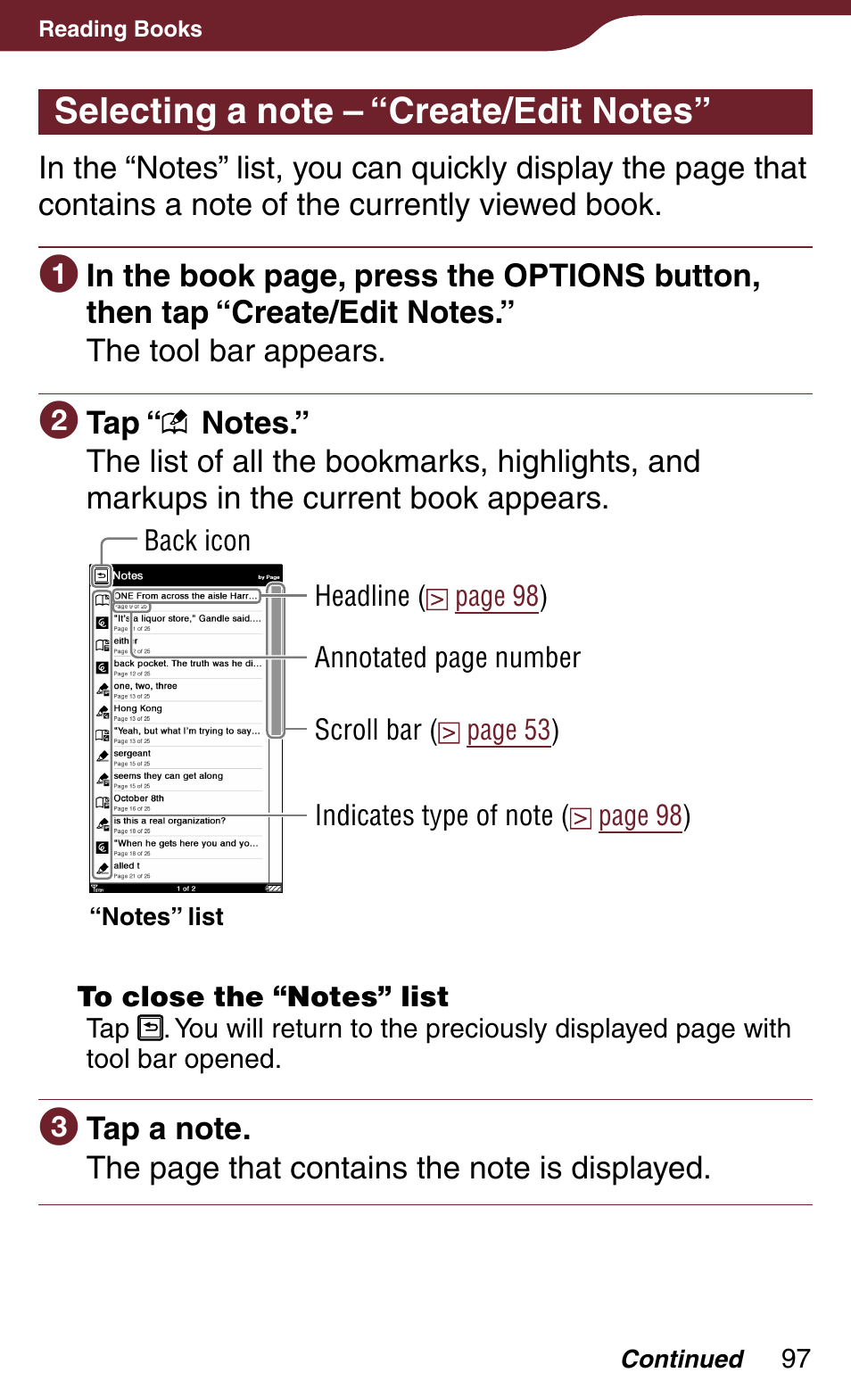Selecting a note – “create/edit notes, List | Sony Reader Daily Edition PRS-900BC User Manual | Page 97 / 202