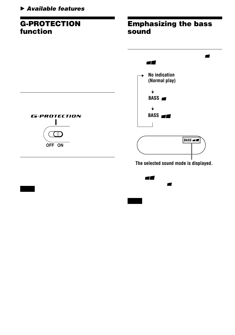 Available features, G-protection function, Emphasizing the bass sound (sound) | 12 emphasizing the bass sound | Sony D-SJ15 User Manual | Page 12 / 28