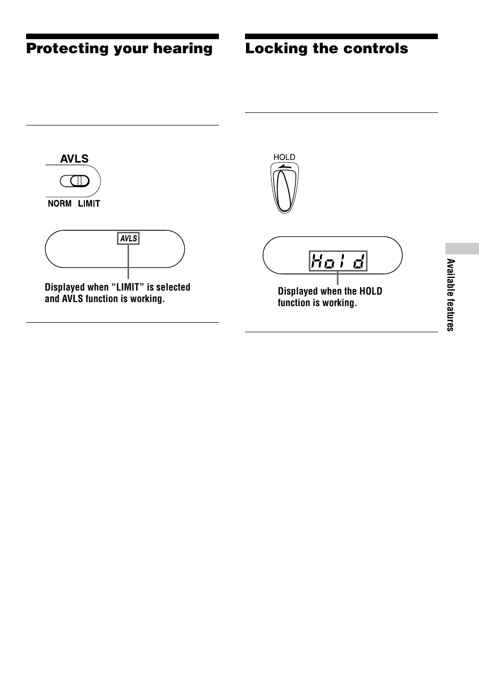 Protecting your hearing (avls), Locking the controls (hold), 13 protecting your hearing | Locking the controls | Sony D-SJ15 User Manual | Page 13 / 28
