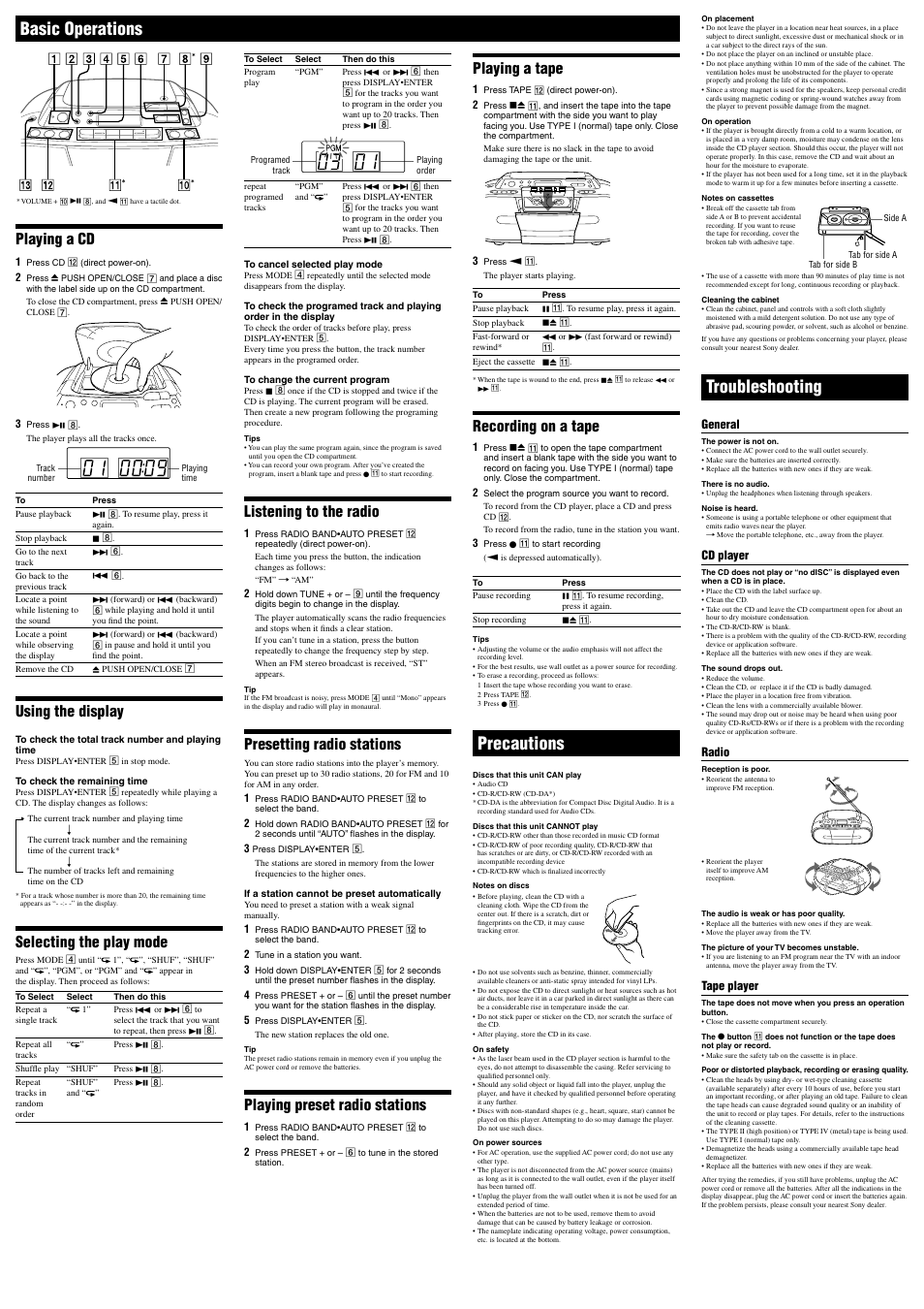 Basic operations, Precautions, Troubleshooting | Playing a cd, Using the display, Selecting the play mode, Listening to the radio, Presetting radio stations, Playing preset radio stations, Playing a tape | Sony CFDS01 User Manual | Page 2 / 2