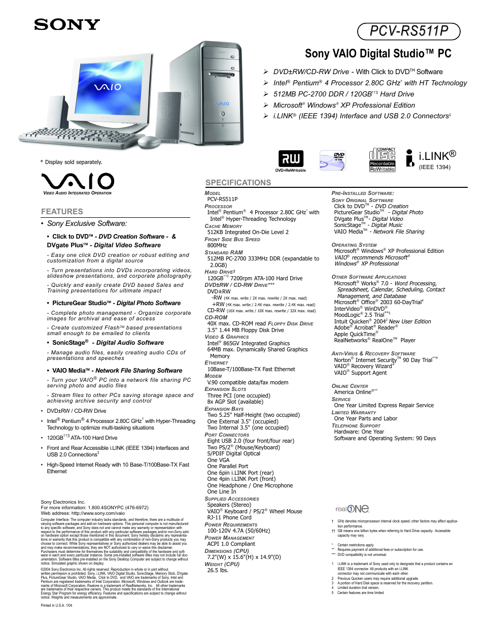 Sony PCV-RS511P User Manual | 1 page