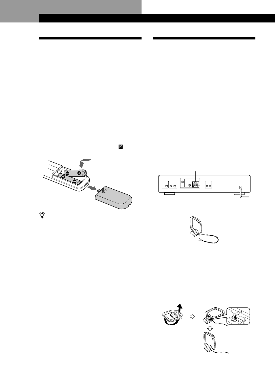 Desembalaje, Conexión del sistema, Procedimientos iniciales | Inserción de las pilas en el mando a distancia, Antes de comenzar, Conexiones de antena de am | Sony ST-D777ES User Manual | Page 64 / 84