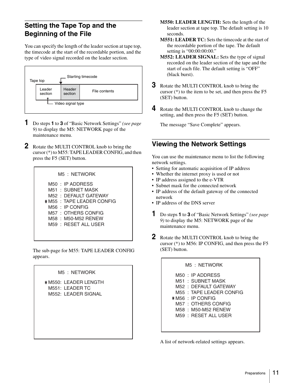 Setting the tape top and the beginning of the file, Viewing the network settings | Sony BKMW-E3000 User Manual | Page 11 / 50