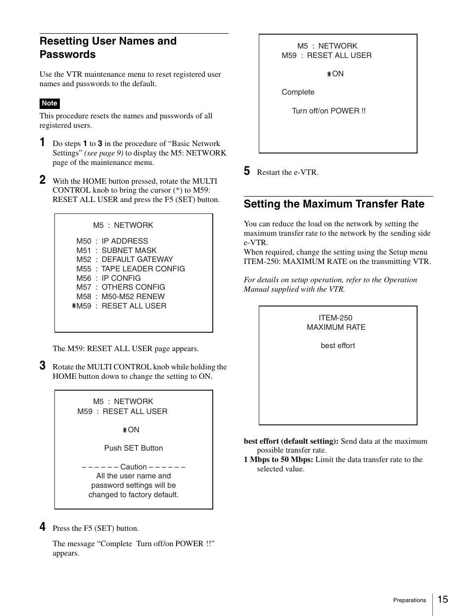 Resetting user names and passwords, Setting the maximum transfer rate | Sony BKMW-E3000 User Manual | Page 15 / 50