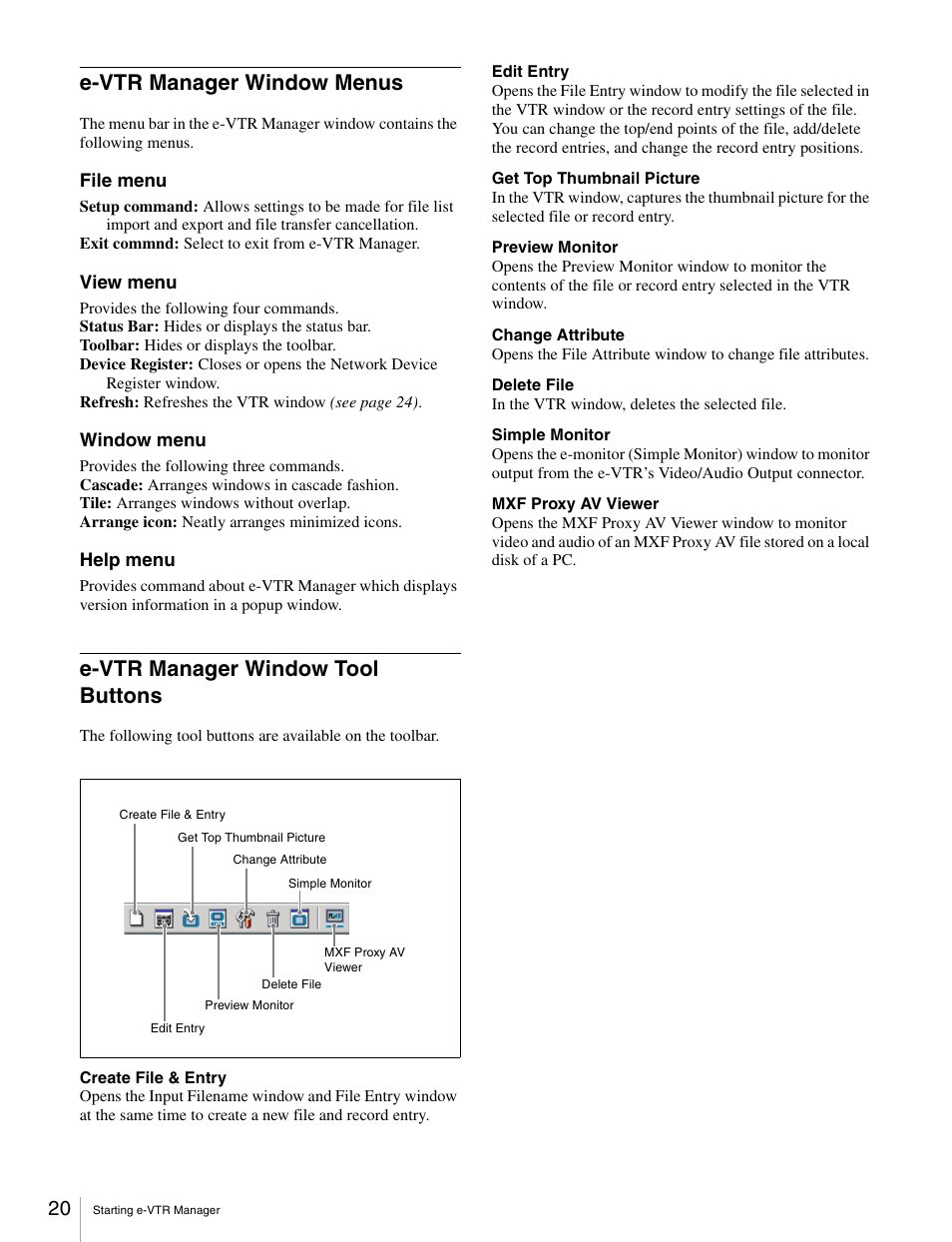 E-vtr manager window menus, E-vtr manager window tool buttons | Sony BKMW-E3000 User Manual | Page 20 / 50