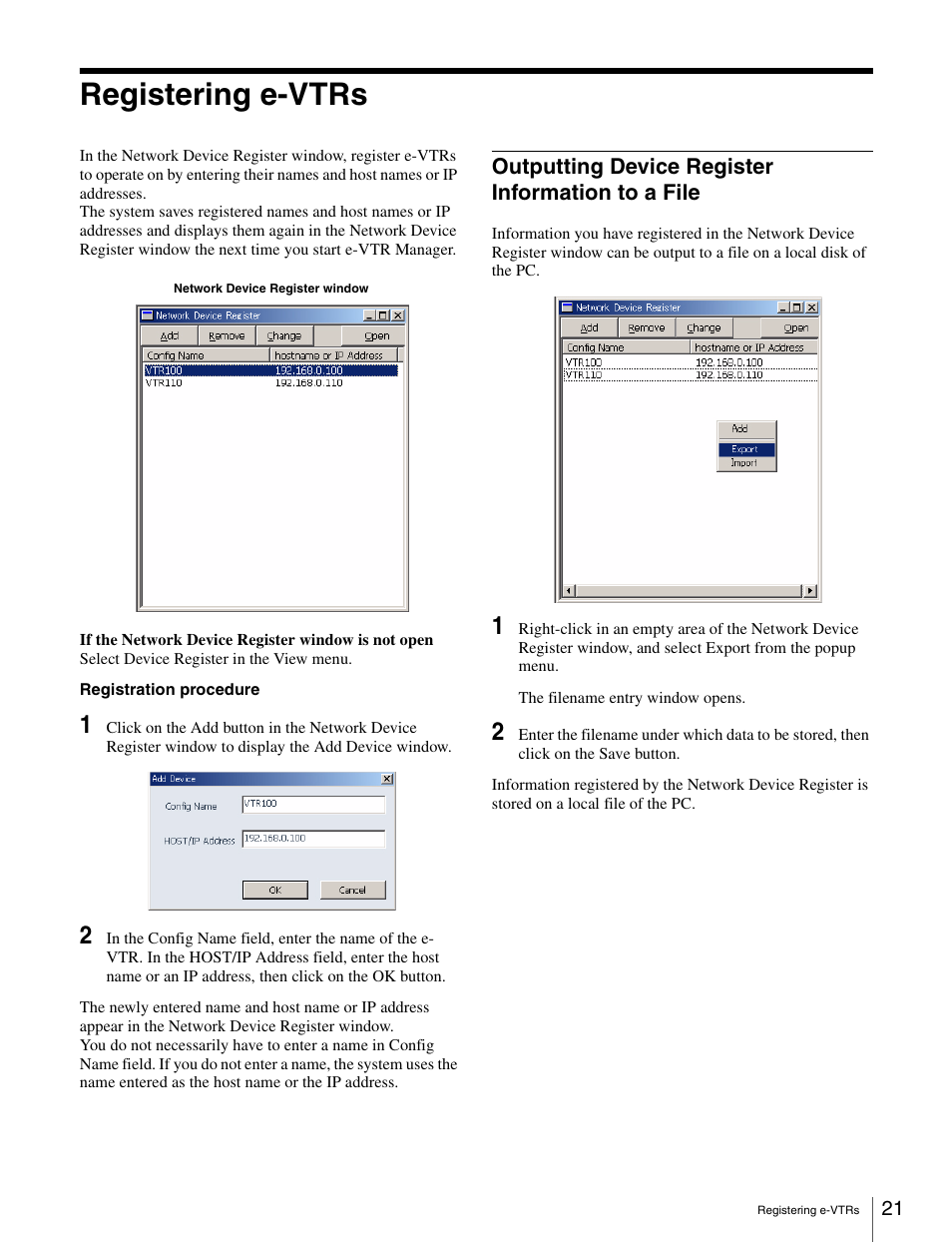 Registering e-vtrs, Outputting device register information to a file | Sony BKMW-E3000 User Manual | Page 21 / 50