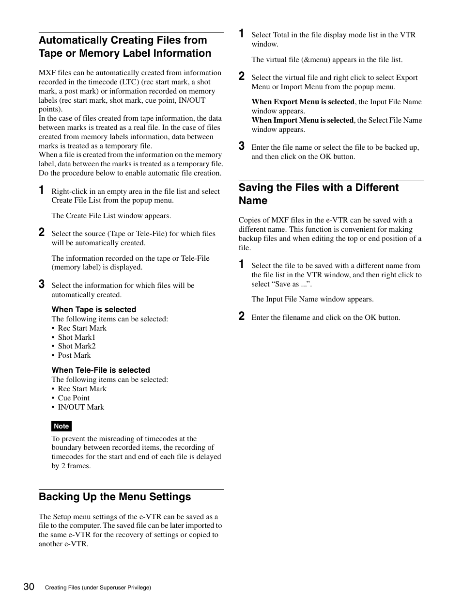 Backing up the menu settings, Saving the files with a different name, Information | Sony BKMW-E3000 User Manual | Page 30 / 50