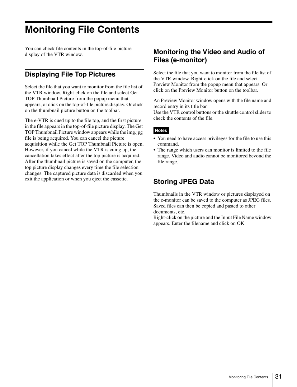 Monitoring file contents, Displaying file top pictures, Storing jpeg data | Sony BKMW-E3000 User Manual | Page 31 / 50