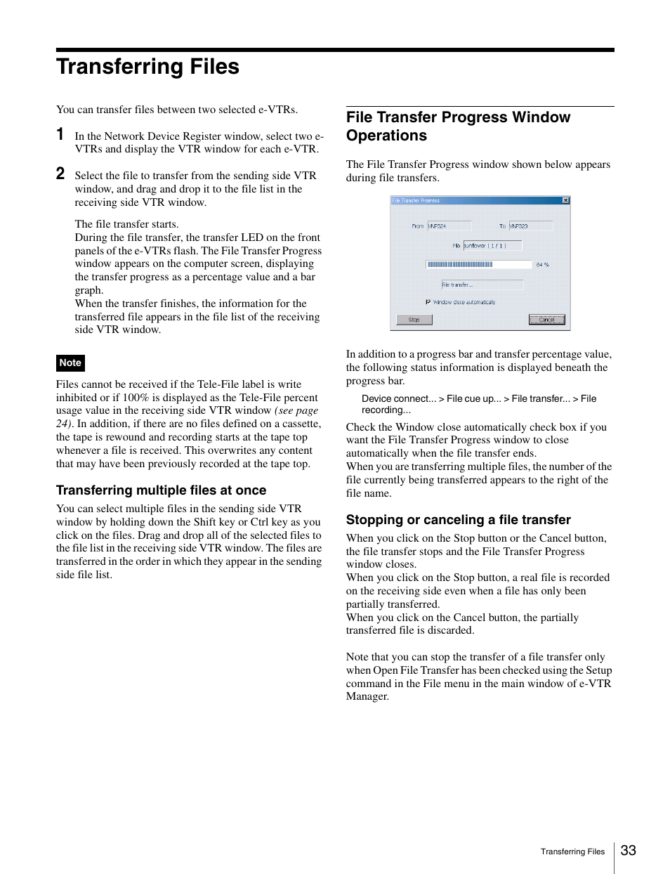 Transferring files, File transfer progress window operations | Sony BKMW-E3000 User Manual | Page 33 / 50