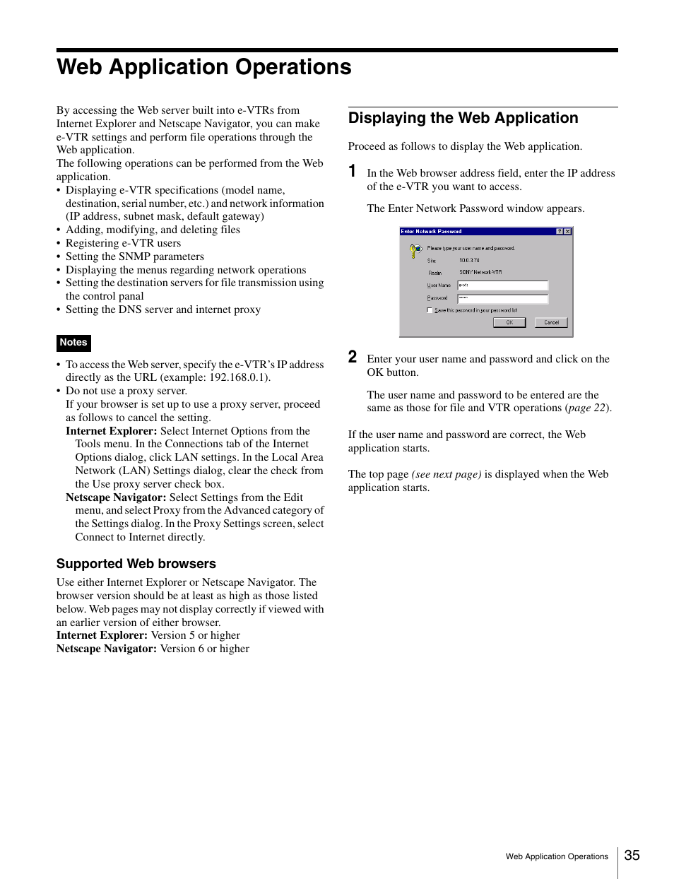 Web application operations, Displaying the web application | Sony BKMW-E3000 User Manual | Page 35 / 50