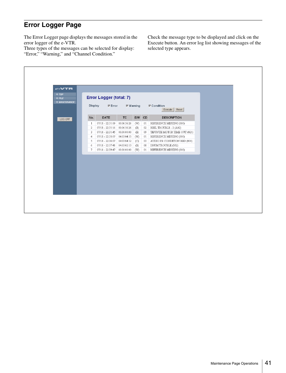 Error logger page | Sony BKMW-E3000 User Manual | Page 41 / 50