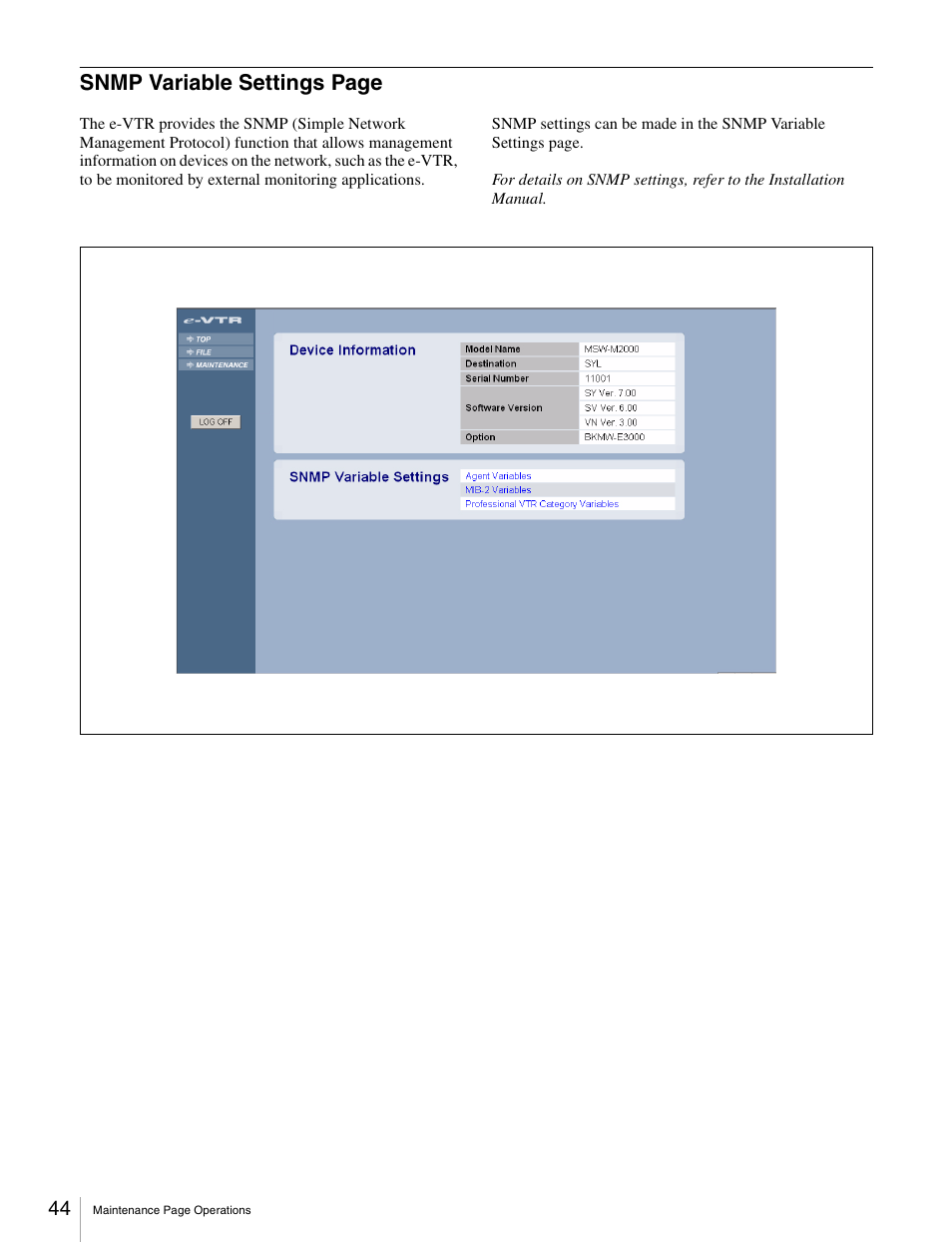 Snmp variable settings page | Sony BKMW-E3000 User Manual | Page 44 / 50