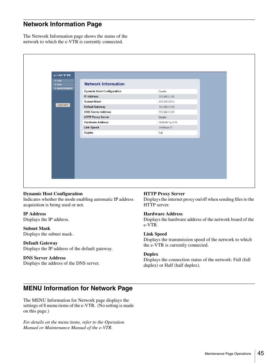 Network information page, Menu information for network page | Sony BKMW-E3000 User Manual | Page 45 / 50