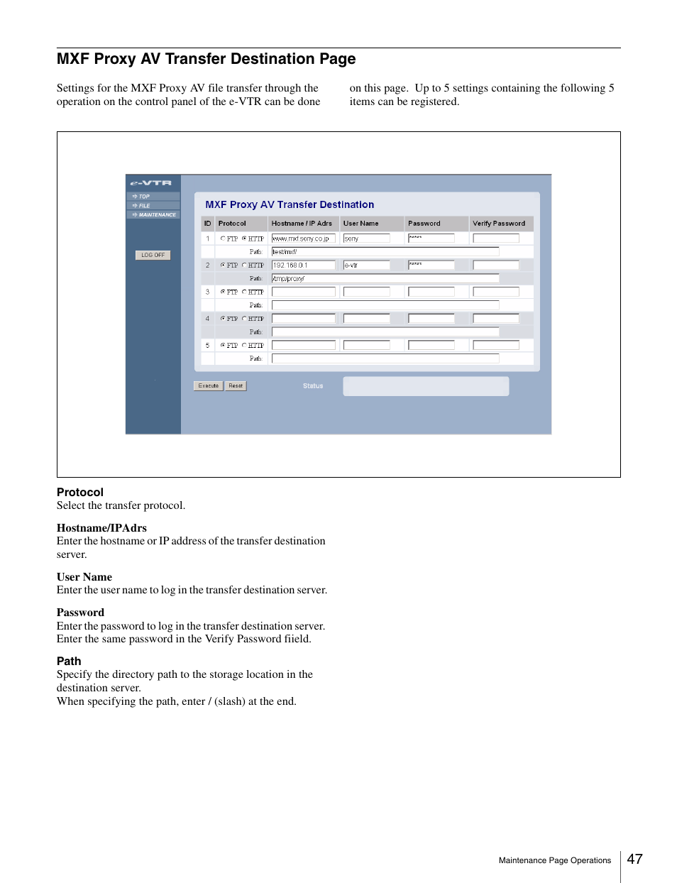 Mxf proxy av transfer destination page | Sony BKMW-E3000 User Manual | Page 47 / 50