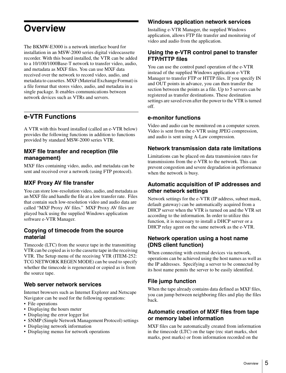 Overview, E-vtr functions | Sony BKMW-E3000 User Manual | Page 5 / 50