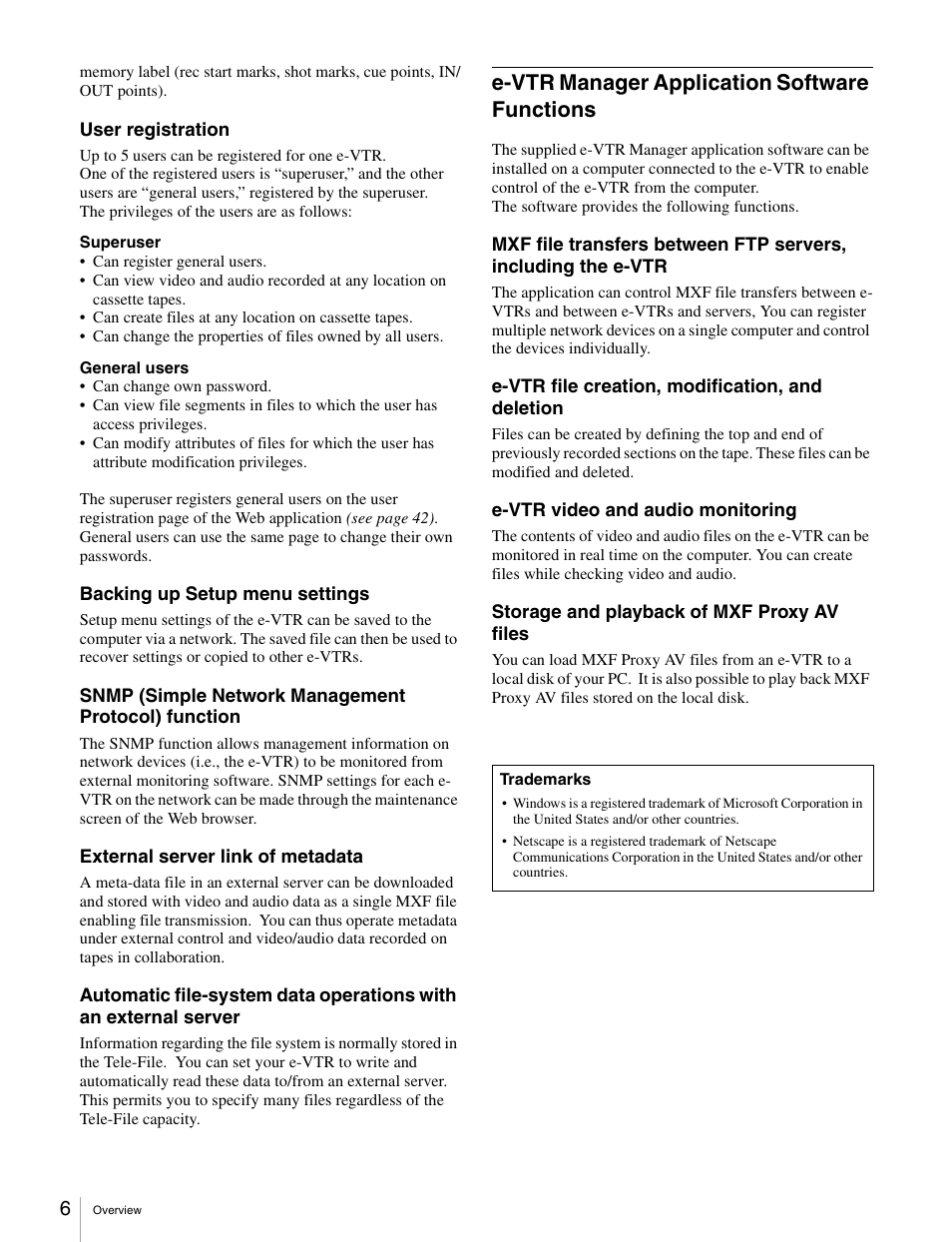 E-vtr manager application software functions | Sony BKMW-E3000 User Manual | Page 6 / 50