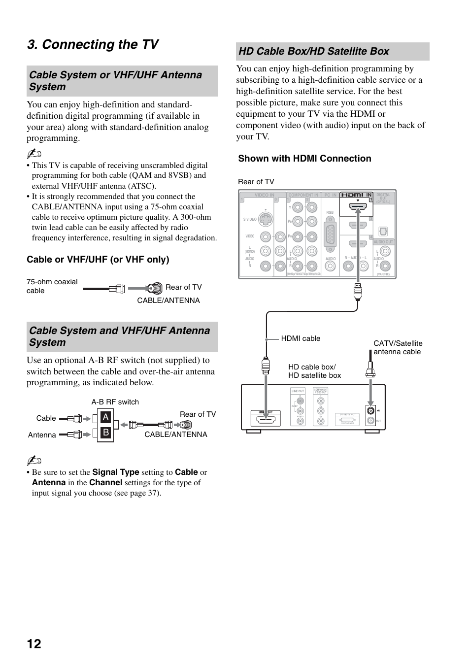 Connecting the tv, Cable system or vhf/uhf antenna system, Cable system and vhf/uhf antenna system | Hd cable box/hd satellite box, Cable system or vhf/uhf antenna, System, Cable system and vhf/uhf antenna, 12 3. connecting the tv, Shown with hdmi connection | Sony FOUND NOT KDL-52V4100 User Manual | Page 12 / 48