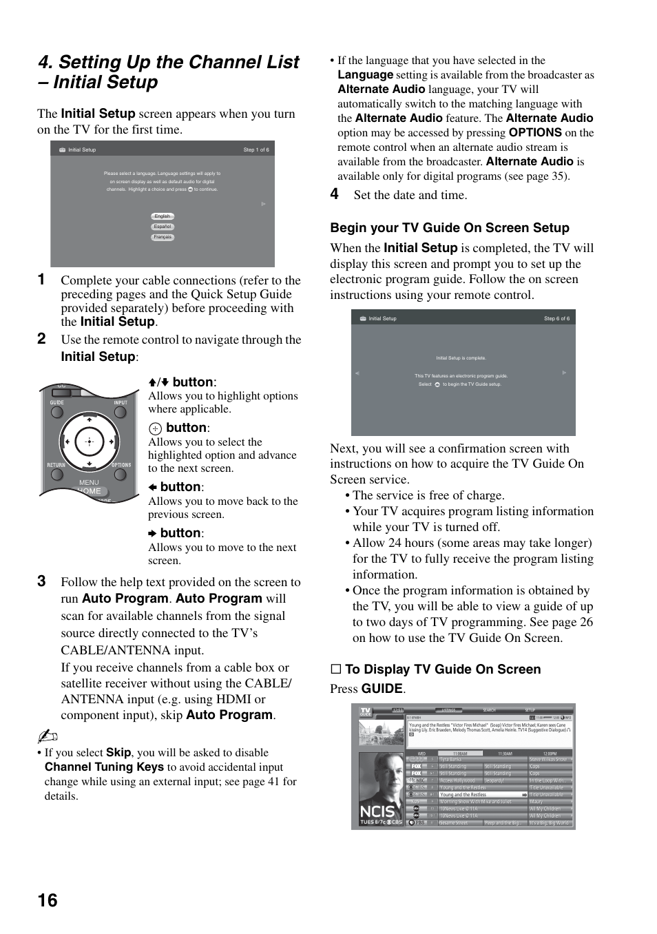 Setting up the channel list - initial setup, Setting up the channel list, Initial setup | 16 4. setting up the channel list – initial setup | Sony FOUND NOT KDL-52V4100 User Manual | Page 16 / 48