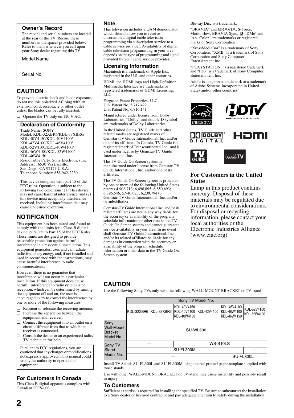 Caution, Notification | Sony FOUND NOT KDL-52V4100 User Manual | Page 2 / 48