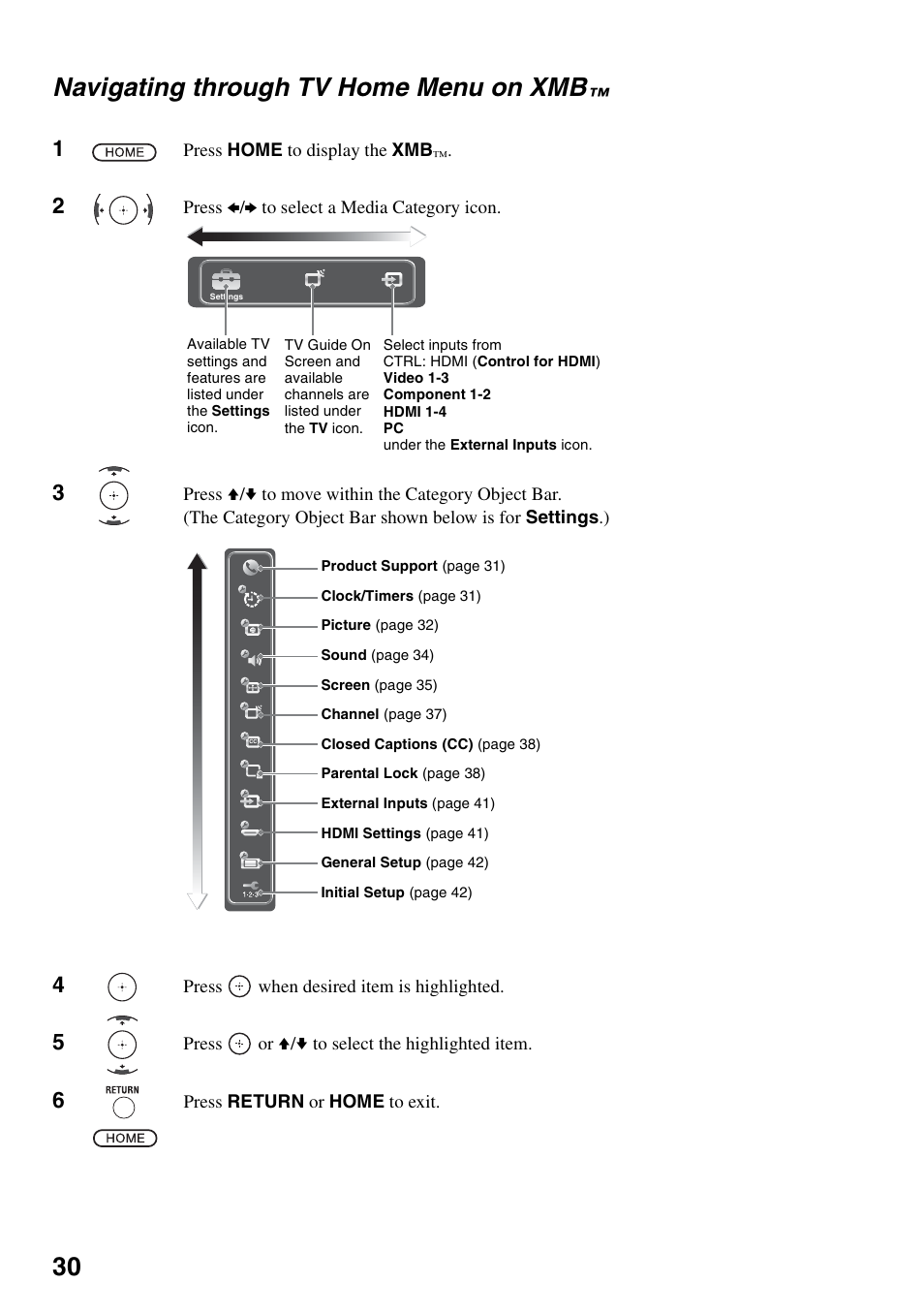 Navigating through tv home menu on xmb, Navigating through tv home menu on, 30 navigating through tv home menu on xmb | Sony FOUND NOT KDL-52V4100 User Manual | Page 30 / 48