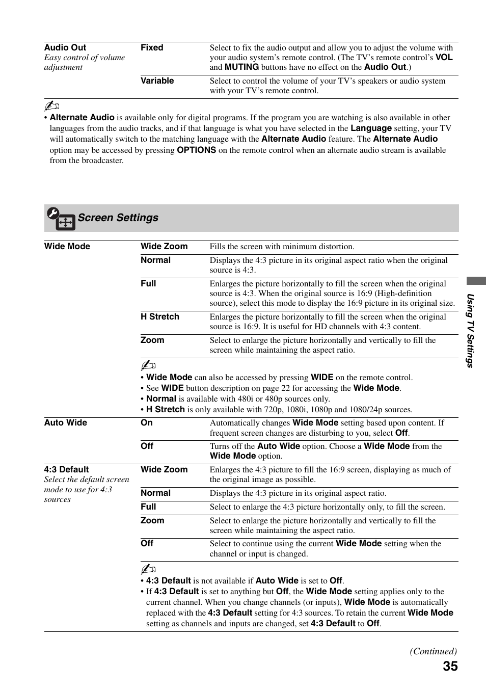 Screen settings | Sony FOUND NOT KDL-52V4100 User Manual | Page 35 / 48