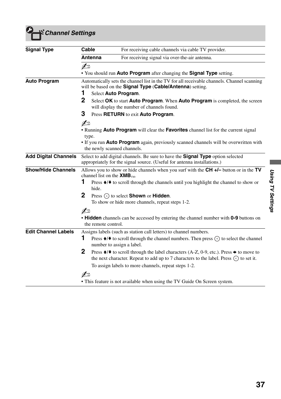 Channel settings | Sony FOUND NOT KDL-52V4100 User Manual | Page 37 / 48