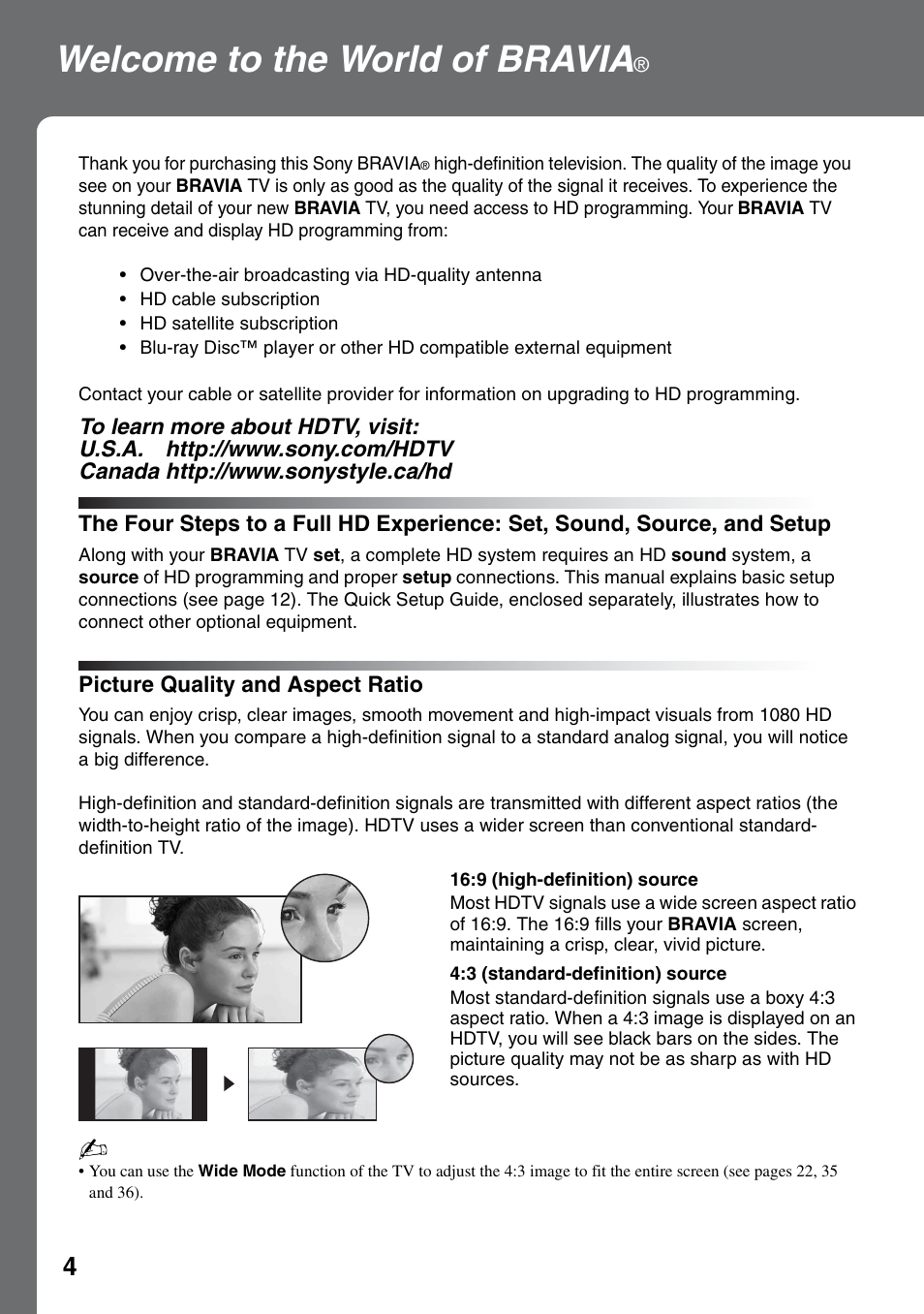 Welcome to the world of bravia, Picture quality and aspect ratio, The four steps to a full hd experience | Set, sound, source, and setup | Sony FOUND NOT KDL-52V4100 User Manual | Page 4 / 48