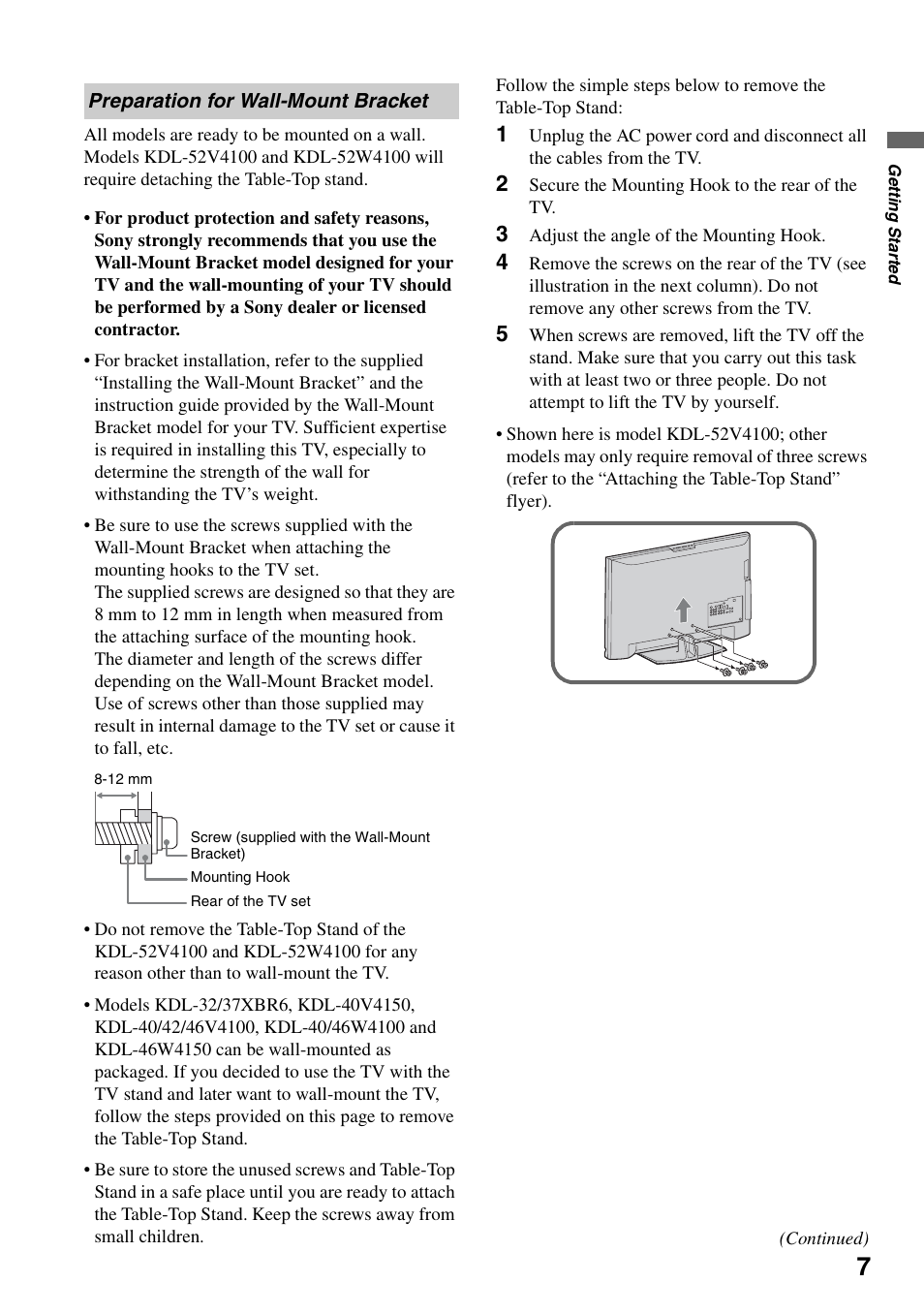 Preparation for wall-mount bracket | Sony FOUND NOT KDL-52V4100 User Manual | Page 7 / 48