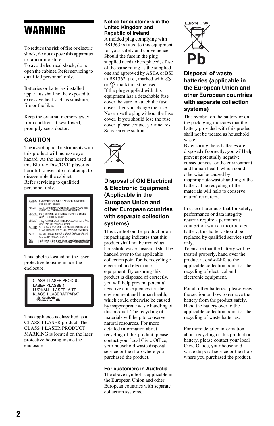 Warning | Sony 3-452-779-12(1) User Manual | Page 2 / 75