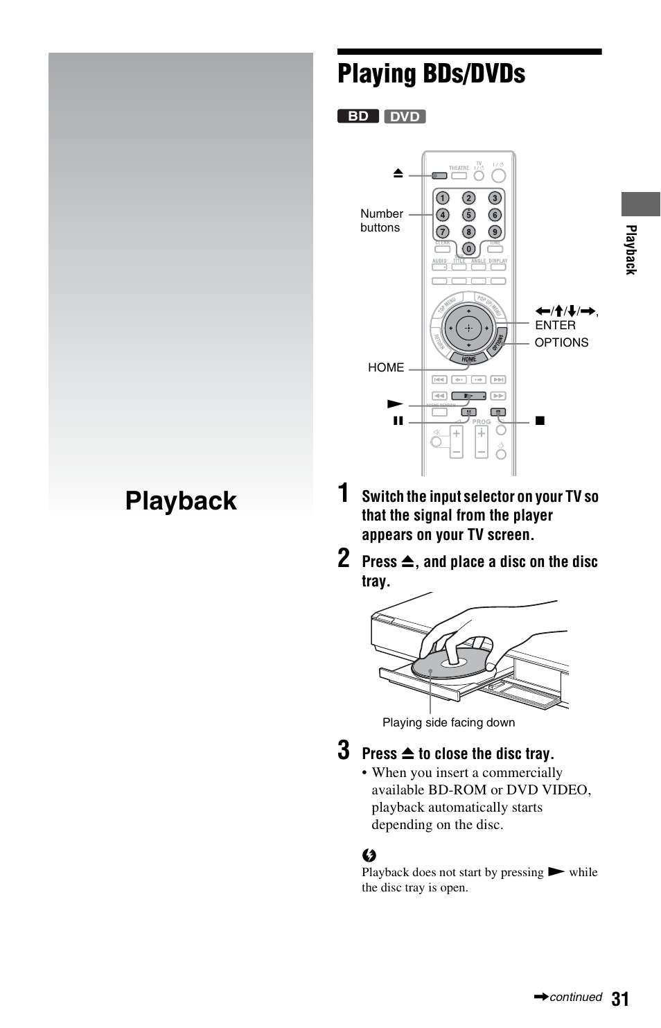 Playback, Playing bds/dvds, Playback playing bds/dvds 1 | Sony 3-452-779-12(1) User Manual | Page 31 / 75