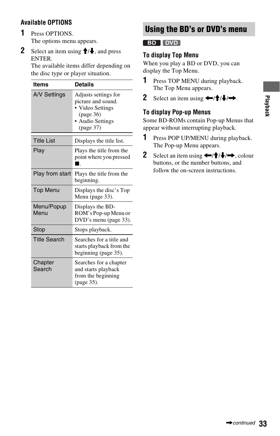 Using the bd’s or dvd’s menu | Sony 3-452-779-12(1) User Manual | Page 33 / 75