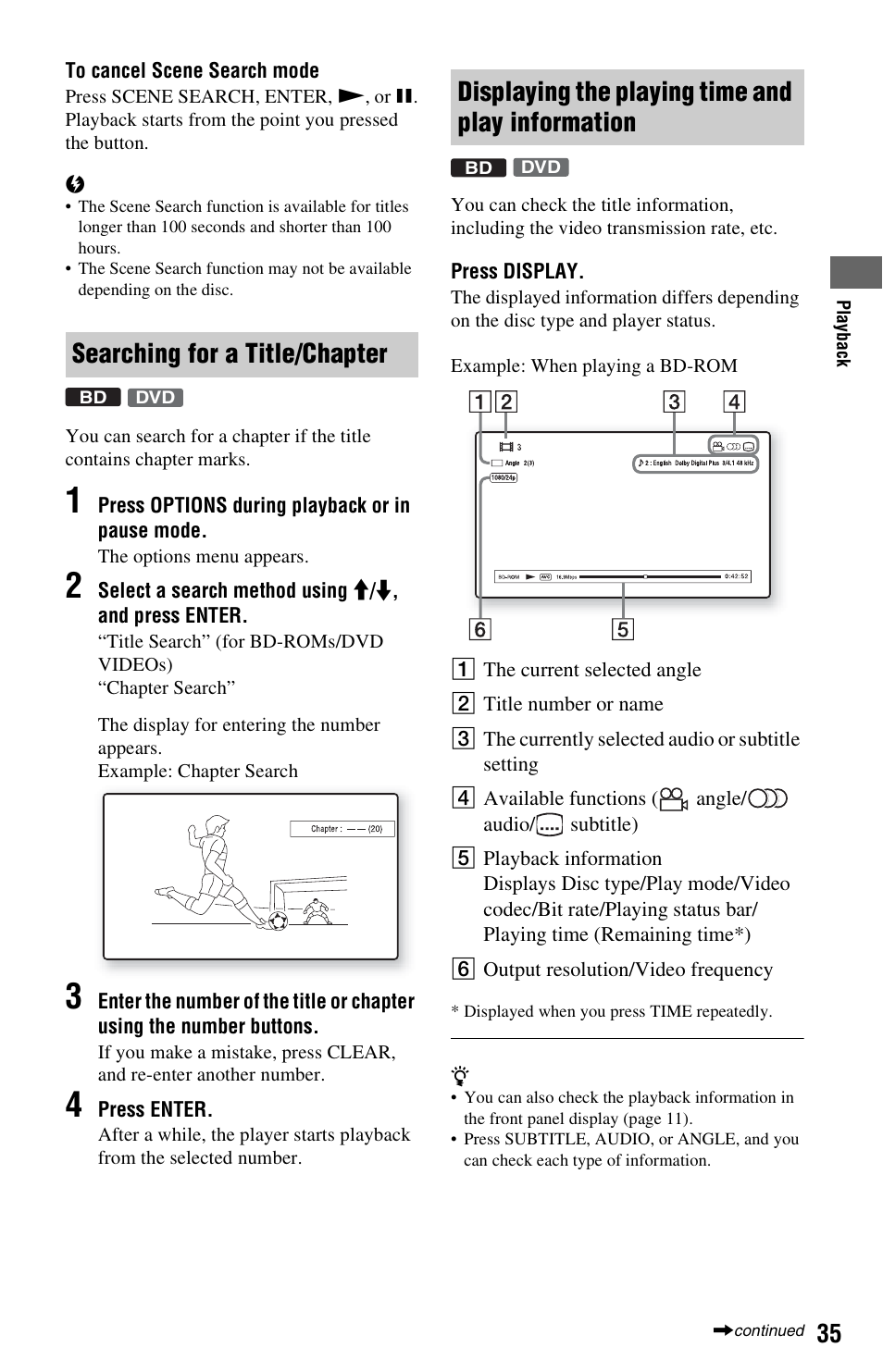 Searching for a title/chapter, Displaying the playing time and play information | Sony 3-452-779-12(1) User Manual | Page 35 / 75