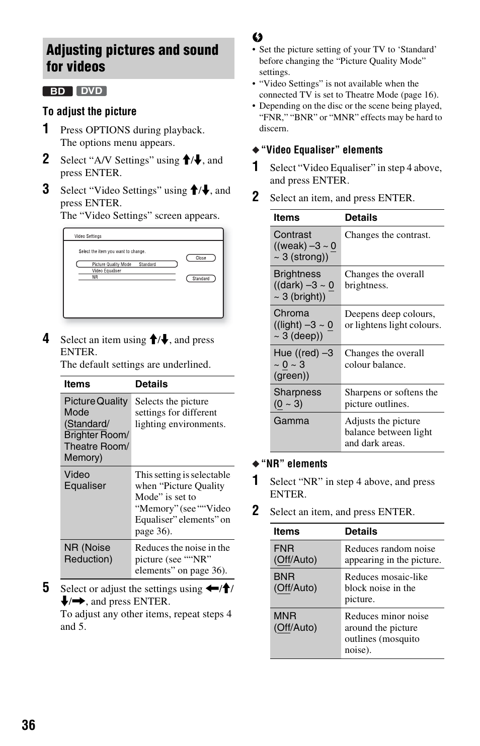 Adjusting pictures and sound for videos | Sony 3-452-779-12(1) User Manual | Page 36 / 75