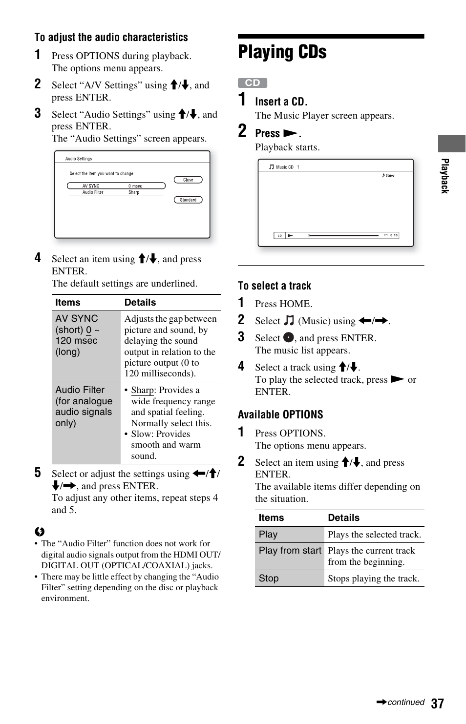 Playing cds, Playing cds 1 | Sony 3-452-779-12(1) User Manual | Page 37 / 75