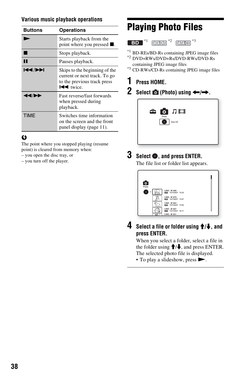 Playing photo files | Sony 3-452-779-12(1) User Manual | Page 38 / 75