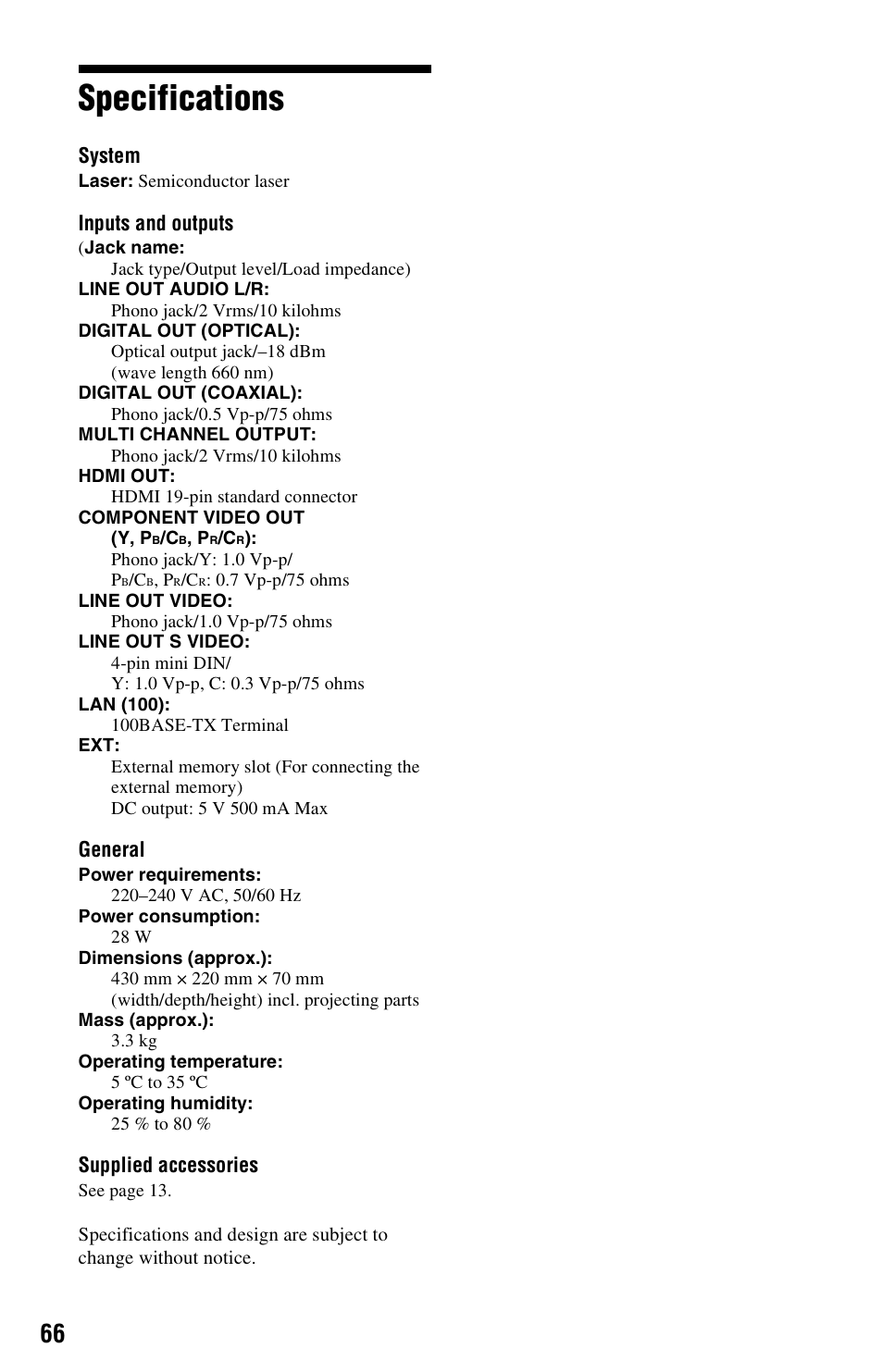 Specifications | Sony 3-452-779-12(1) User Manual | Page 66 / 75