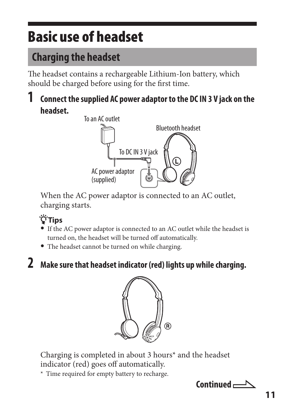 Basic use of headset, Charging the headset | Sony DR-BT22iK User Manual | Page 11 / 44