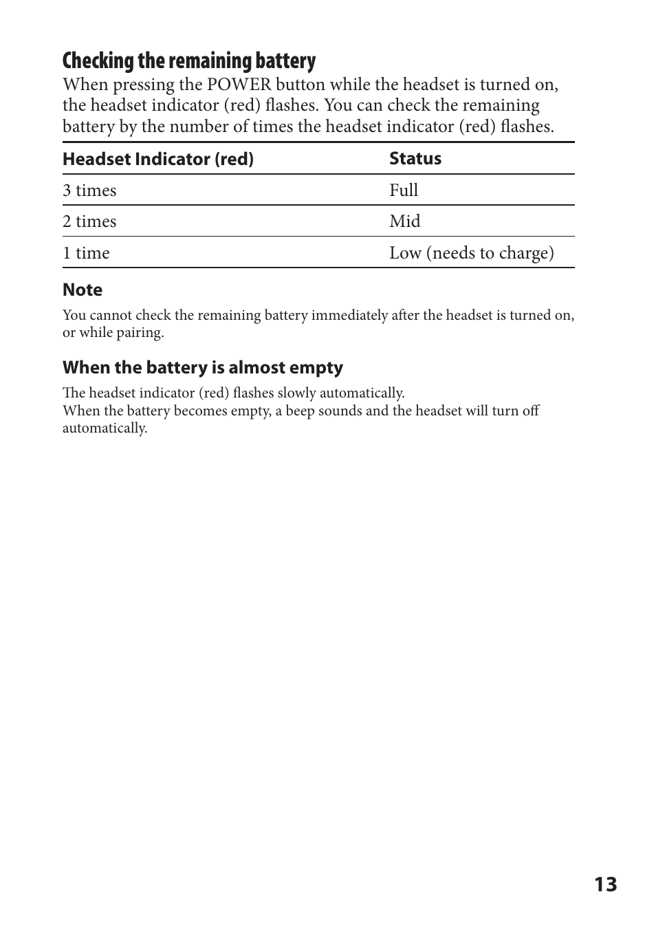 Checking the remaining battery | Sony DR-BT22iK User Manual | Page 13 / 44