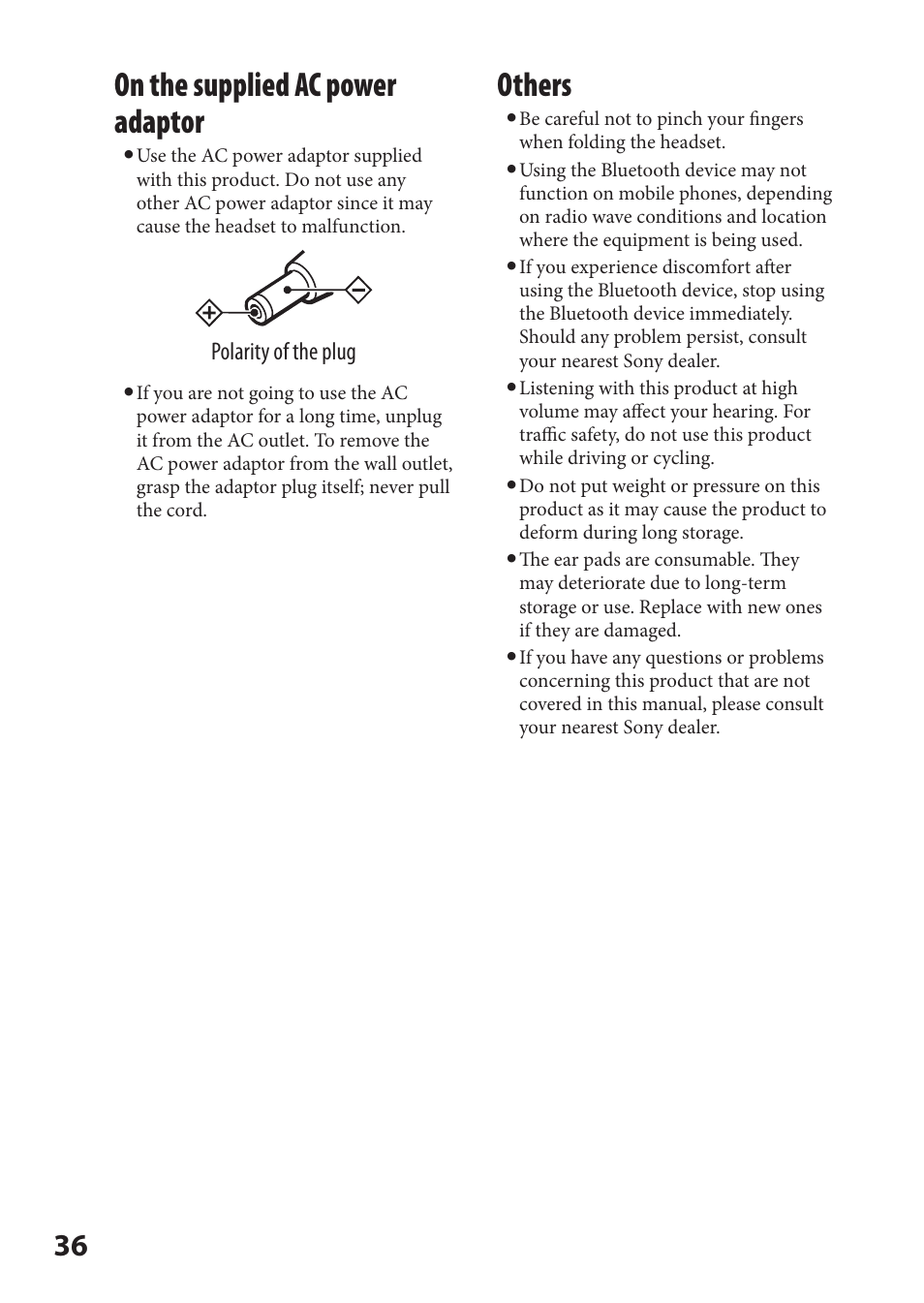 On the supplied ac power adaptor, Others, Polarity of the plug | Sony DR-BT22iK User Manual | Page 36 / 44