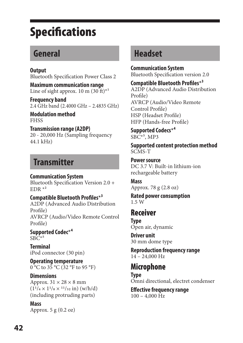 Specifications, General, Transmitter | Headset, Receiver, Microphone | Sony DR-BT22iK User Manual | Page 42 / 44