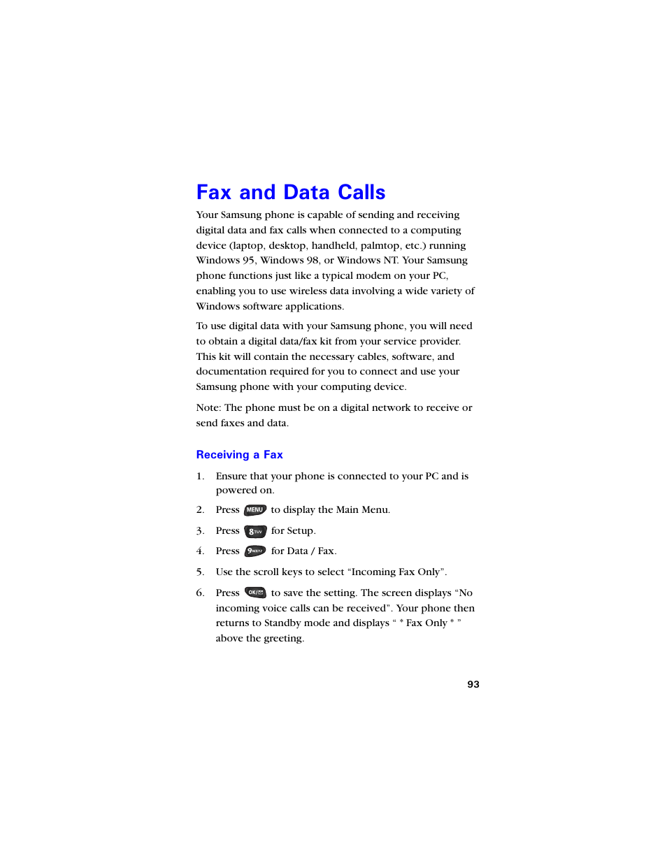 Fax and data calls, Receiving a fax, Cz cpf &cvc %cnnu | Receiving a fax 93 | Samsung SCH-850 User Manual | Page 105 / 134
