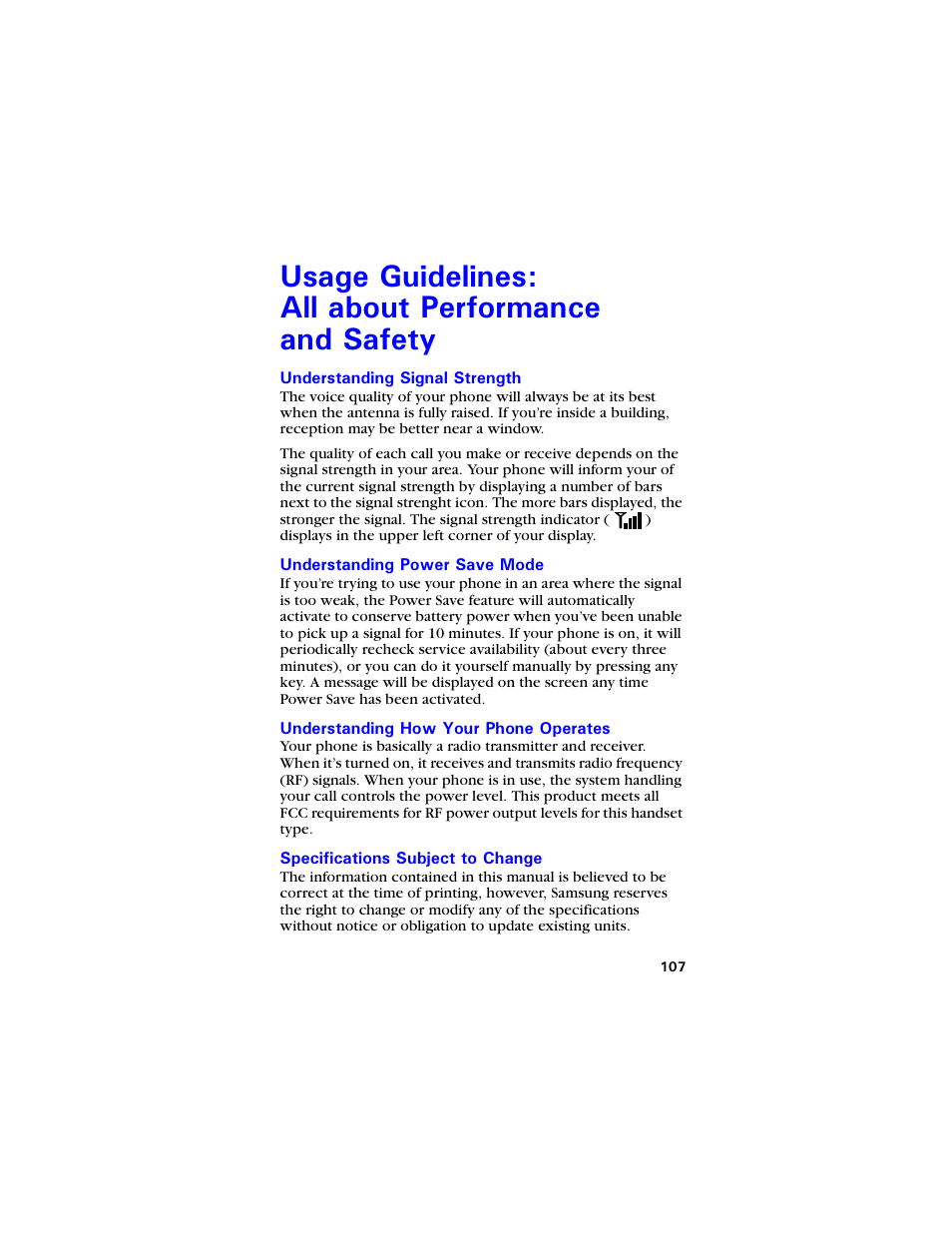 Usage guidelines: all about performance and safety, Understanding signal strength, Understanding power save mode | Understanding how your phone operates, Specifications subject to change, 7ucig )wkfgnkpgu, Nn cdqwv 2gthqtocpeg cpf 5chgv, Understanding signal strength 107, Understanding power save mode 107, Understanding how your phone operates 107 | Samsung SCH-850 User Manual | Page 119 / 134