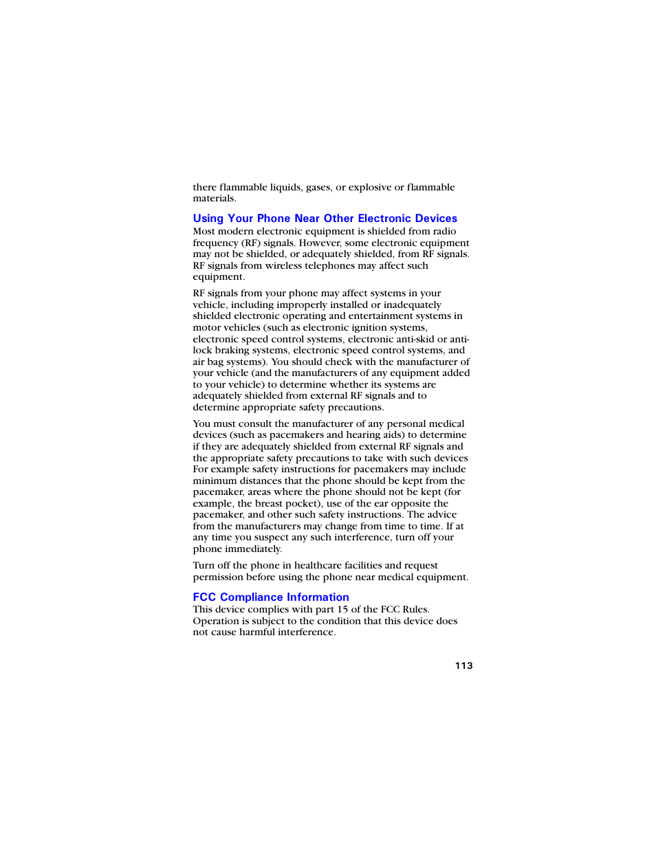 Using your phone near other electronic devices, Fcc compliance information, Using your phone near other electronic devices 113 | Fcc compliance information 113 | Samsung SCH-850 User Manual | Page 125 / 134