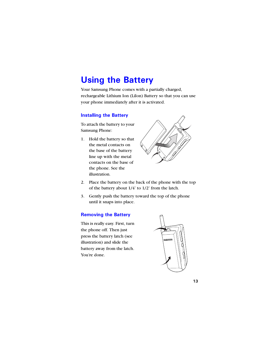 Using the battery, Installing the battery, Removing the battery | 7ukpi vjg $cvvgt, Installing the battery 13, Removing the battery 13 | Samsung SCH-850 User Manual | Page 25 / 134