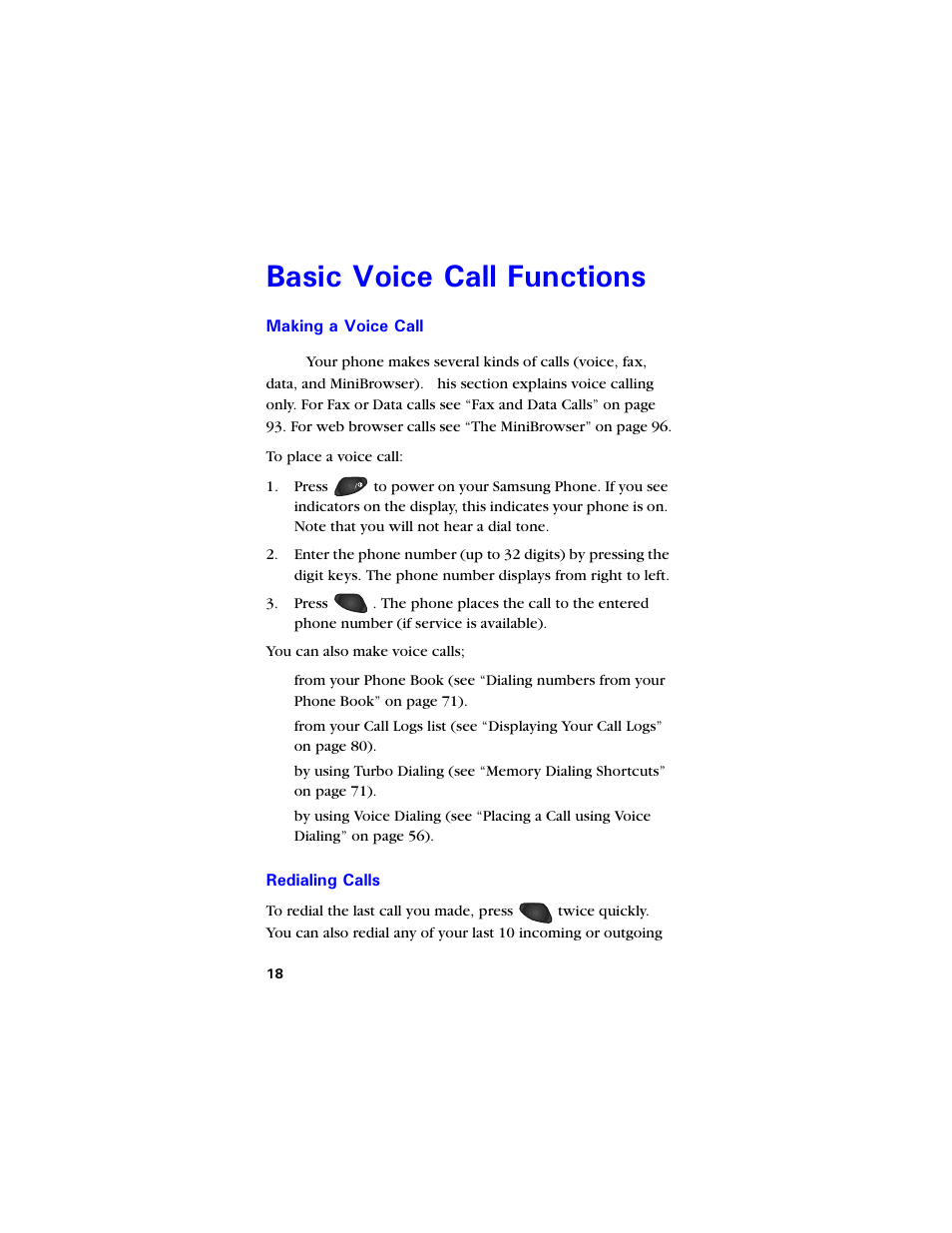 Basic voice call functions, Making a voice call, Redialing calls | Cuke 8qkeg %cnn (wpevkqpu, Making a voice call 18 redialing calls 18 | Samsung SCH-850 User Manual | Page 30 / 134